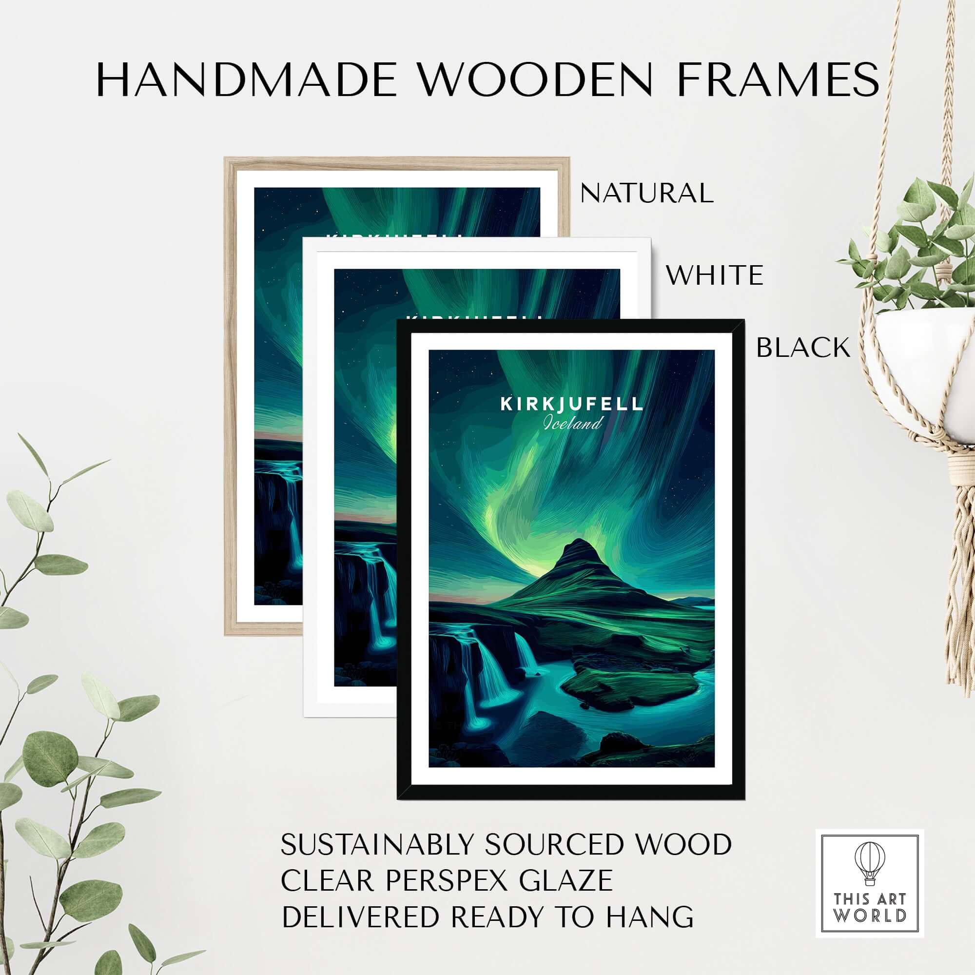 Handmade wooden frames in natural, white, and black options for Kirkjufell Northern Lights Scenery Print | Icelandic Nature Wall Decor.