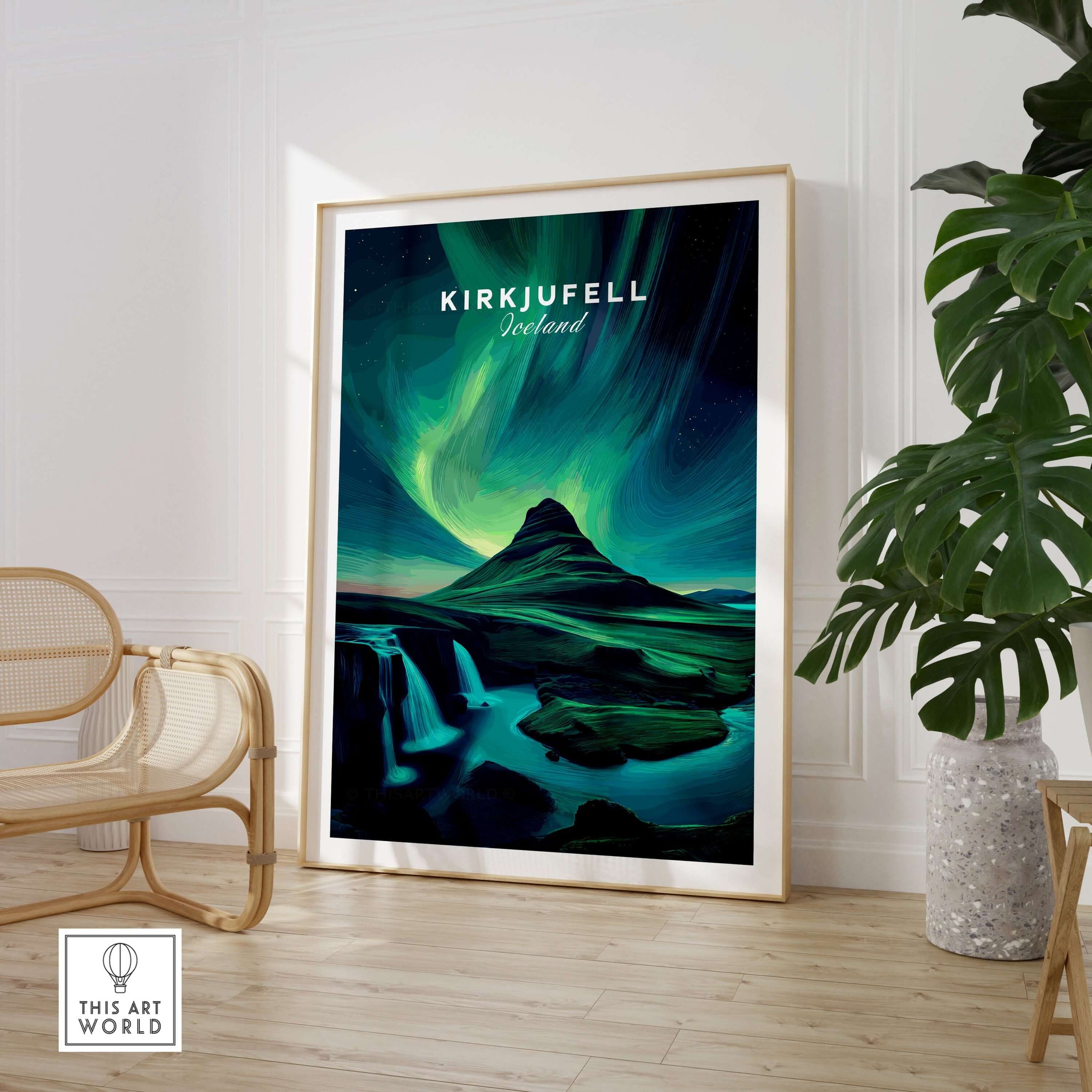 Kirkjufell Northern Lights Scenery Print | Icelandic Nature Wall Decor in a modern setting.