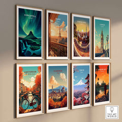 Kirkjufell Northern Lights Scenery Print | Icelandic Nature Wall Decor displayed among other travel-themed art prints.