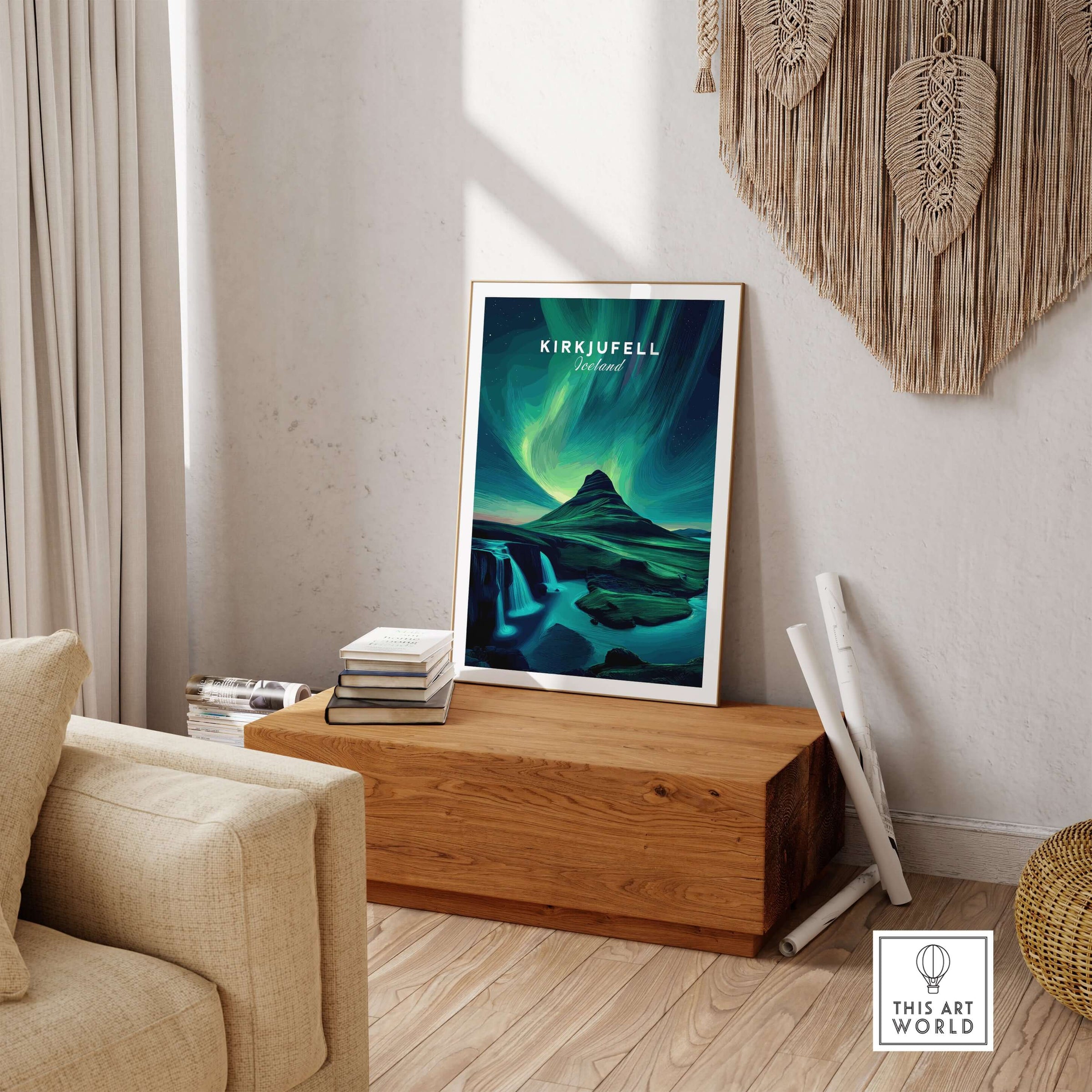 Kirkjufell Northern Lights Scenery Print | Icelandic Nature Wall Decor displayed in a modern living room setting.