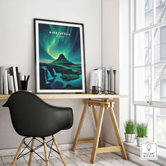Kirkjufell Northern Lights Scenery Print | Icelandic Nature Wall Decor displayed in a modern workspace setting.
