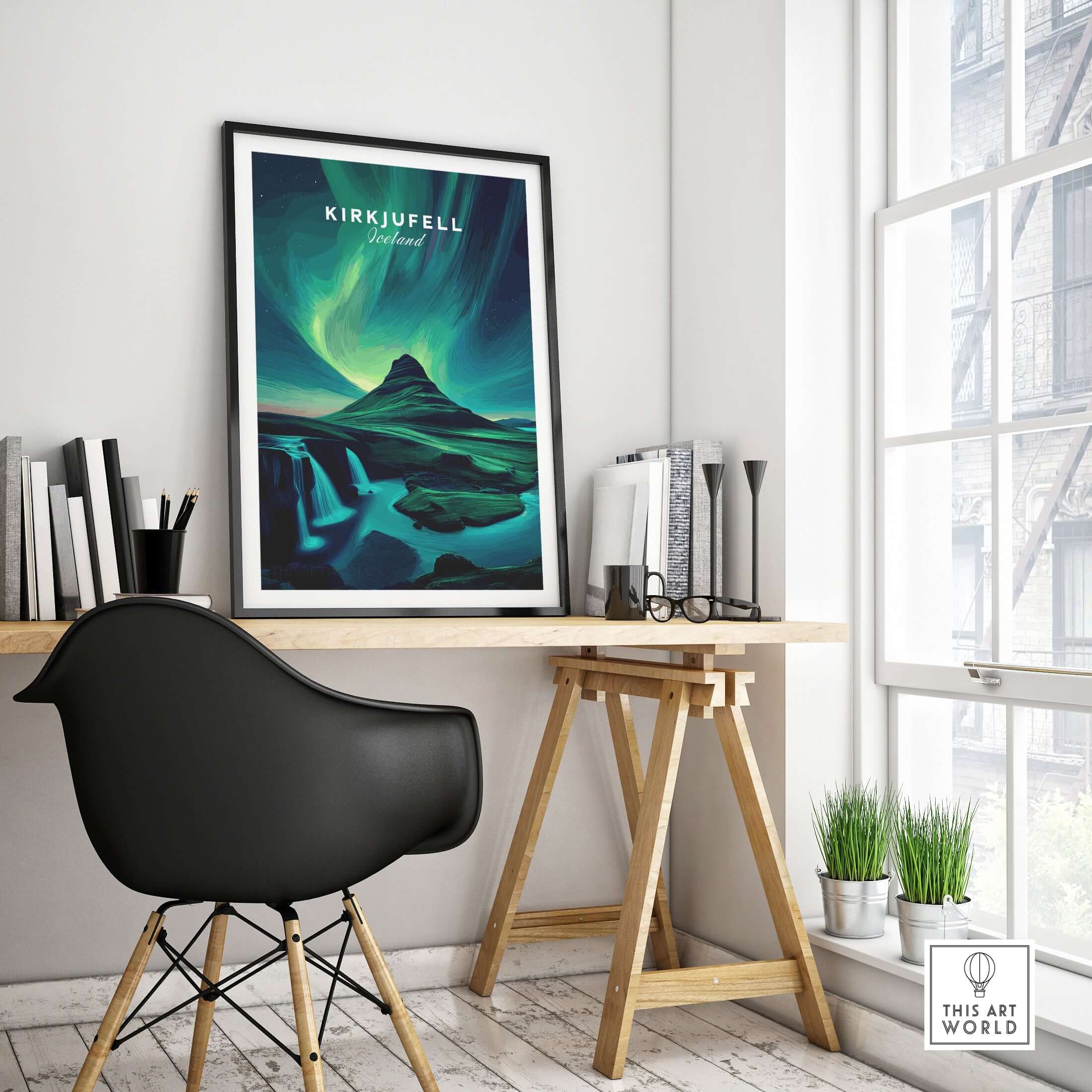 Kirkjufell Northern Lights Scenery Print | Icelandic Nature Wall Decor displayed in a modern workspace setting.