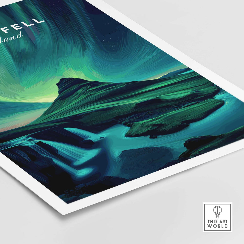 Kirkjufell Northern Lights Scenery Print | Icelandic Nature Wall Decor featuring vibrant auroras over iconic mountain.