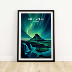 Kirkjufell Northern Lights Scenery Print | Icelandic Nature Wall Decor showcasing vibrant auroras over the iconic mountain.