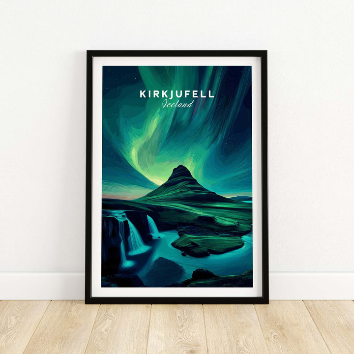 Kirkjufell Northern Lights Scenery Print | Icelandic Nature Wall Decor featuring vibrant auroras over the iconic mountain.