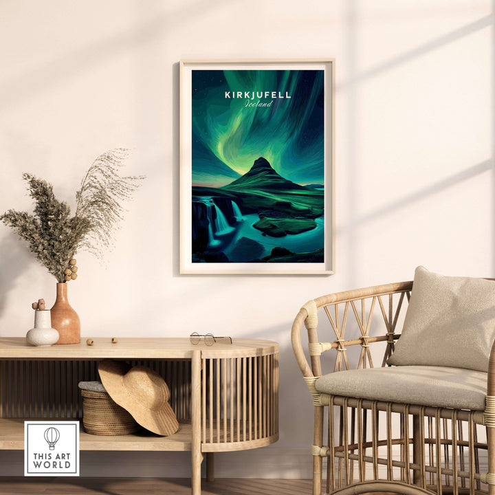 Kirkjufell Northern Lights Scenery Print | Icelandic Nature Wall Decor displayed in a modern living room setting.