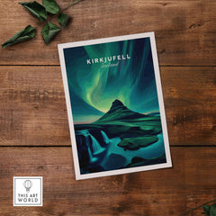 Kirkjufell Northern Lights Scenery Print | Icelandic Nature Wall Decor featuring vibrant auroras and iconic mountain.
