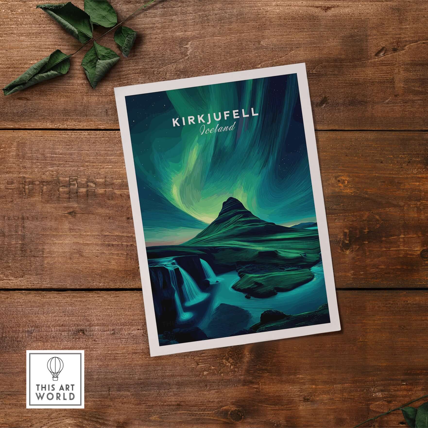 Kirkjufell Northern Lights Scenery Print | Icelandic Nature Wall Decor featuring vibrant auroras and iconic mountain.