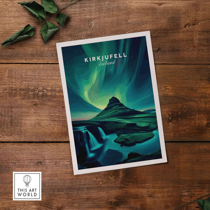 Kirkjufell Northern Lights Scenery Print | Icelandic Nature Wall Decor showcasing vibrant auroras and iconic mountain.