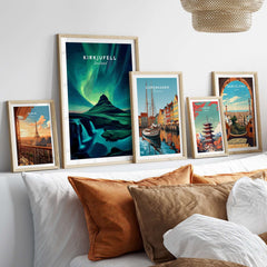 Kirkjufell Northern Lights Scenery Print | Icelandic Nature Wall Decor displayed in a stylish living room setup.