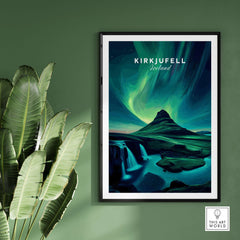 Kirkjufell Northern Lights Scenery Print | Icelandic Nature Wall Decor, vibrant auroras over Kirkjufell mountain art piece.