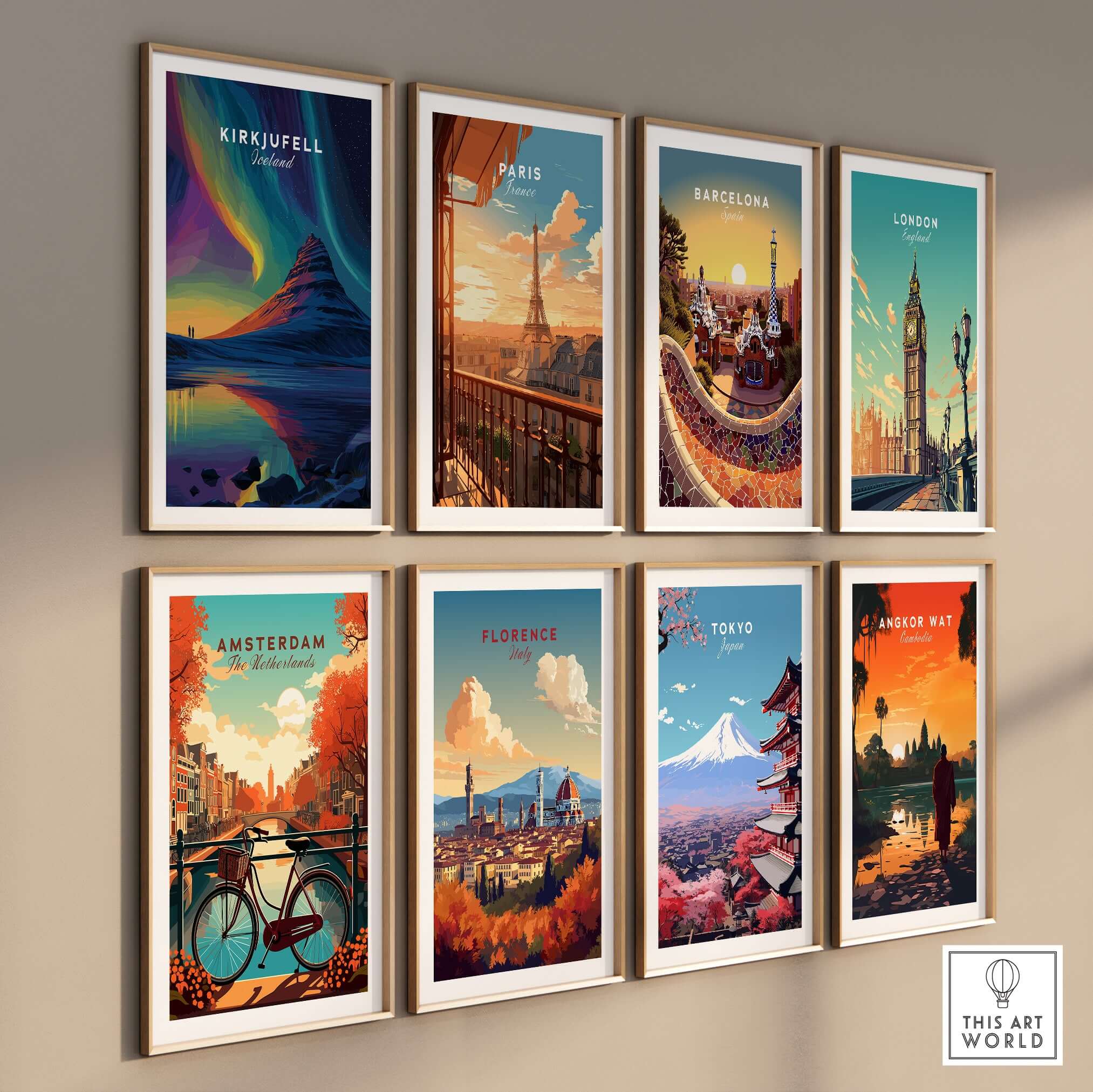 Kirkjufell Poster Snæfellsnes Print | Icelandic Travel Wall Art displayed among various city travel posters.