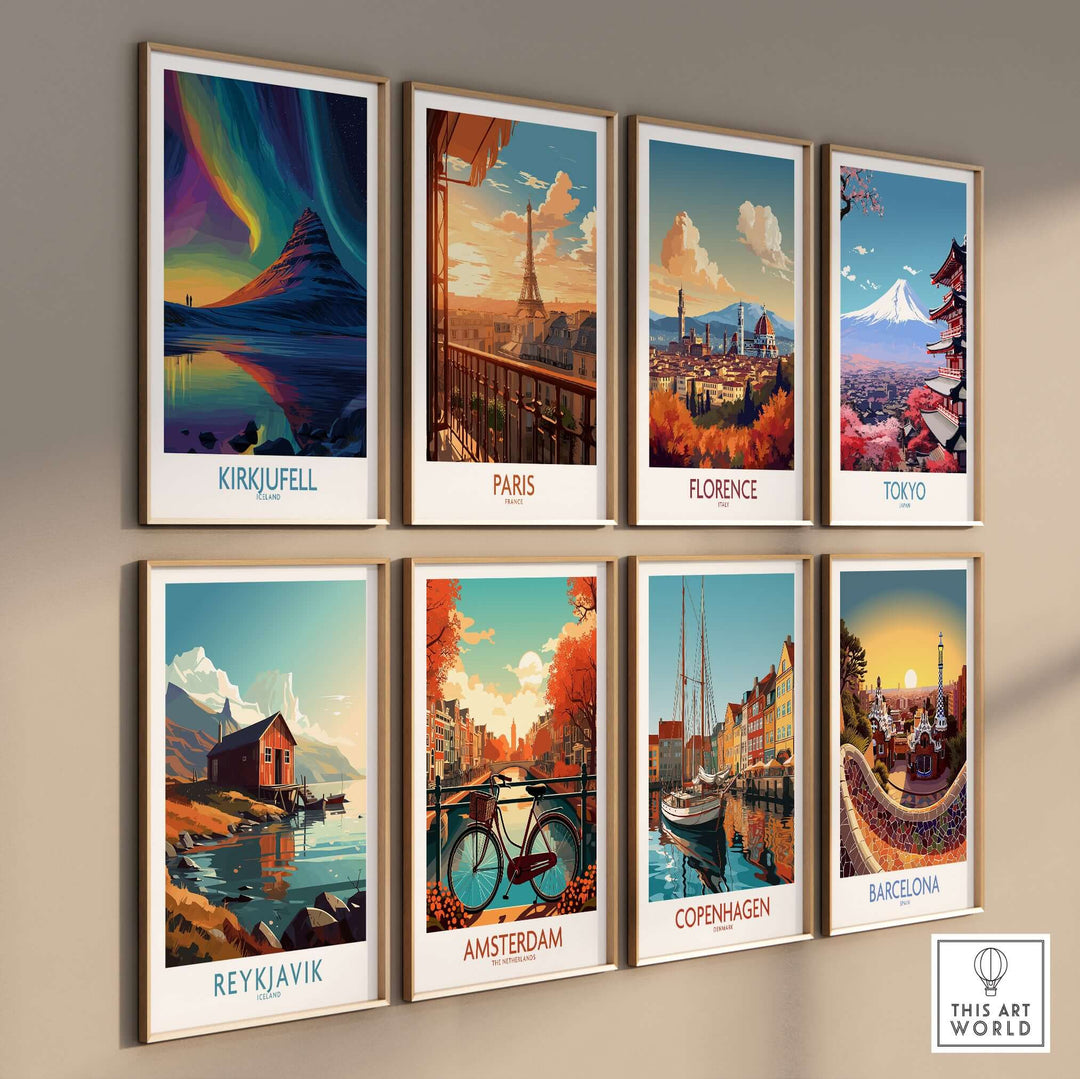 Kirkjufell Iceland Northern Lights Art Print | Aurora Borealis Mountain Poster alongside city posters from various locations.