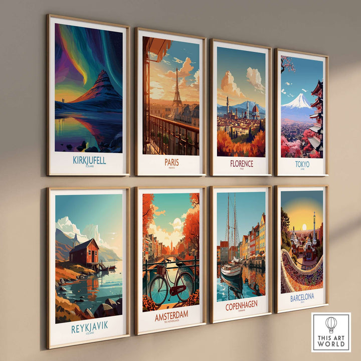 Kirkjufell Iceland Northern Lights Art Print | Aurora Borealis Mountain Poster alongside city posters from various locations.