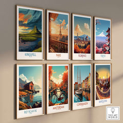 Kirkjufell Iceland Print | Dramatic Sunset River Poster collection of art prints on a wall featuring iconic cities.