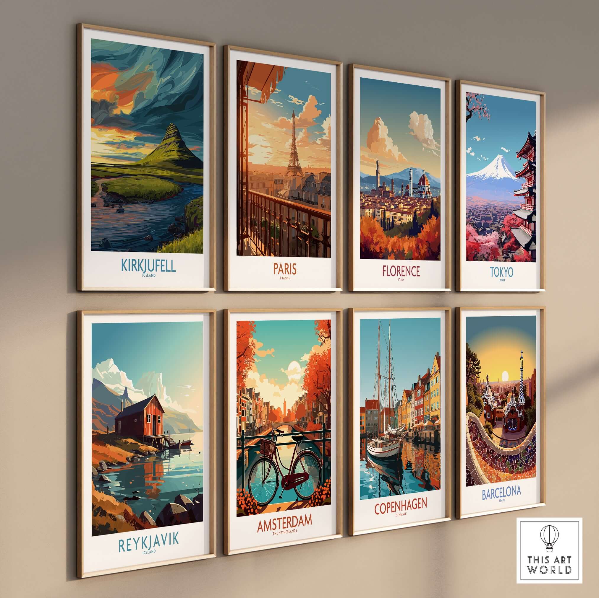 Kirkjufell Iceland Print | Dramatic Sunset River Poster collection of art prints on a wall featuring iconic cities.
