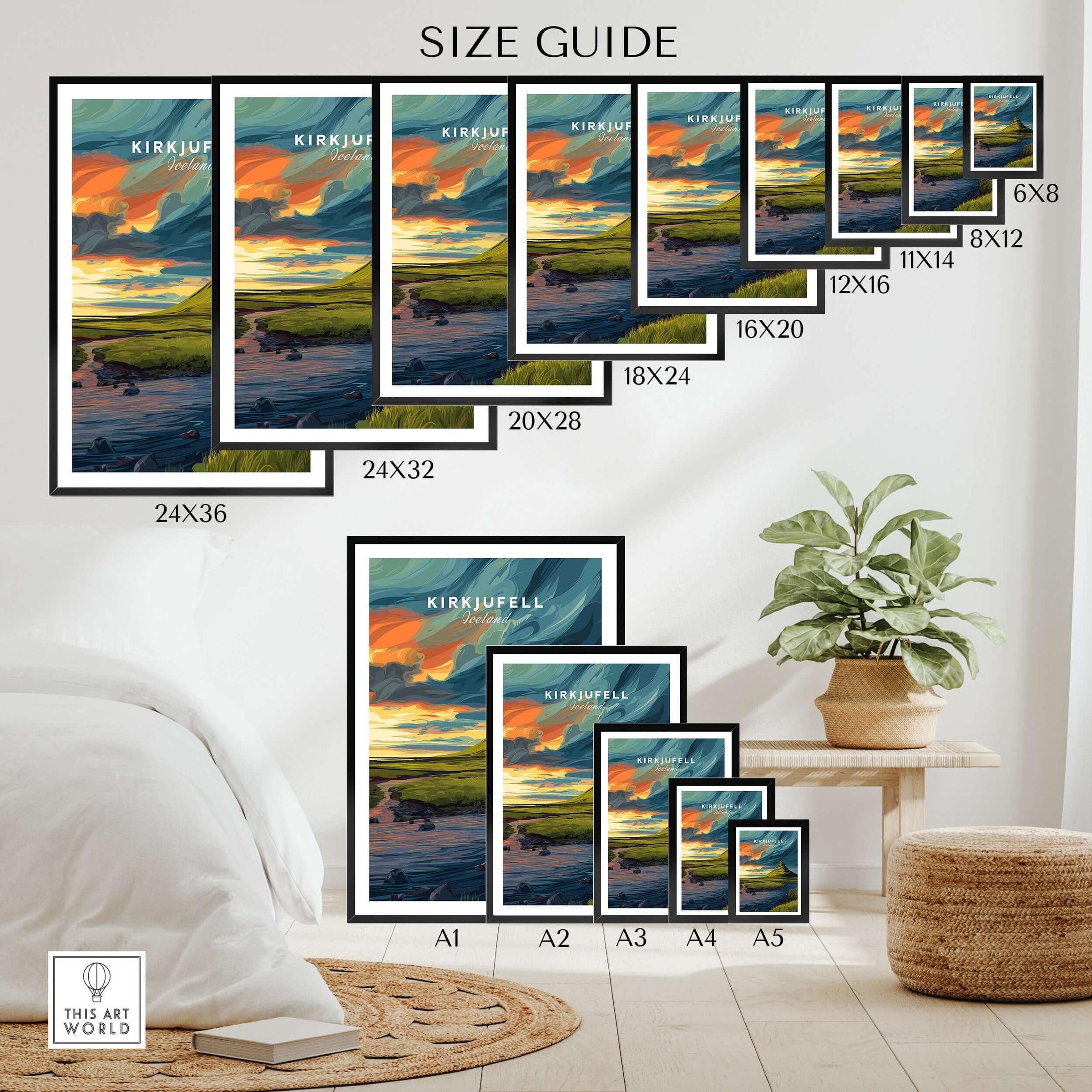 Kirkjufell Poster Snæfellsnes Print | Icelandic Landscape Decor size guide with various frame sizes and artworks.