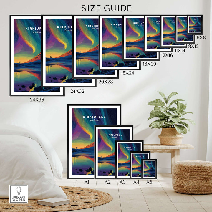 Kirkjufell Poster Snæfellsnes Print | Icelandic Travel Wall Art size guide showcasing various frame sizes in a stylish room.
