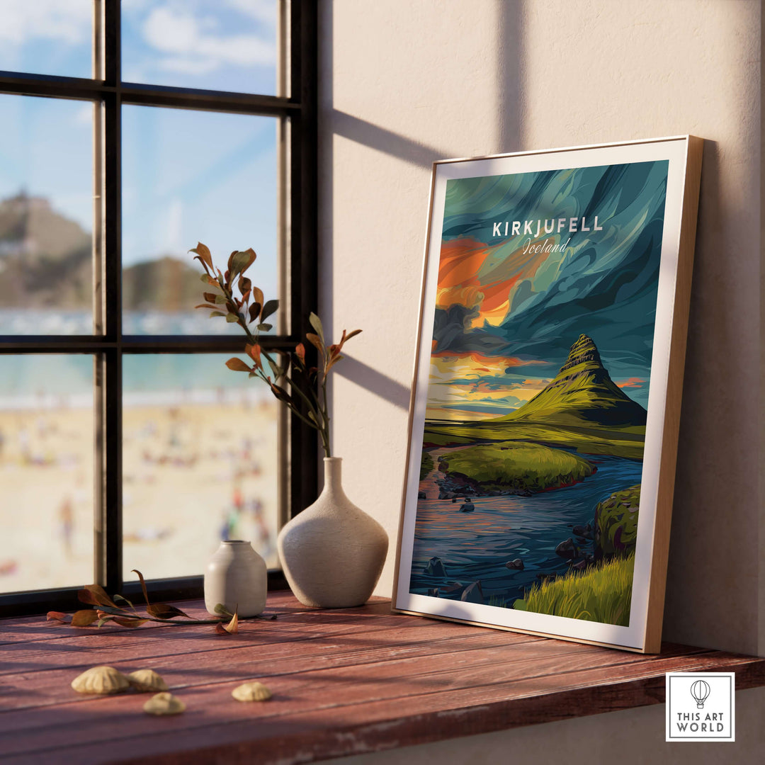Kirkjufell Poster Snæfellsnes Print | Icelandic Landscape Decor displayed in a cozy indoor setting.