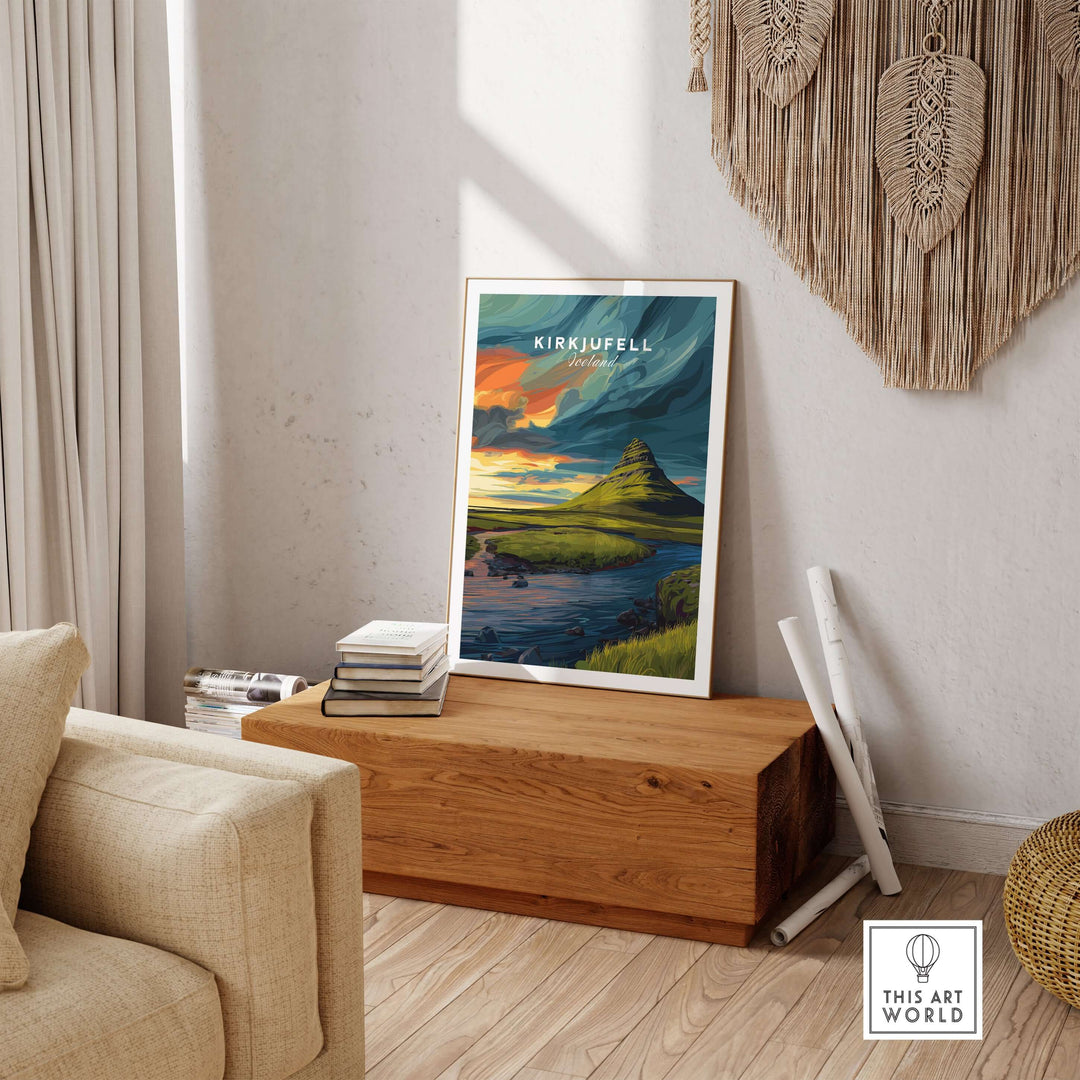 Kirkjufell Poster Snæfellsnes Print | Icelandic Landscape Decor in a cozy living room setting.