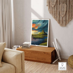 Kirkjufell Poster Snæfellsnes Print | Icelandic Landscape Decor showcased in a cozy living room setting.