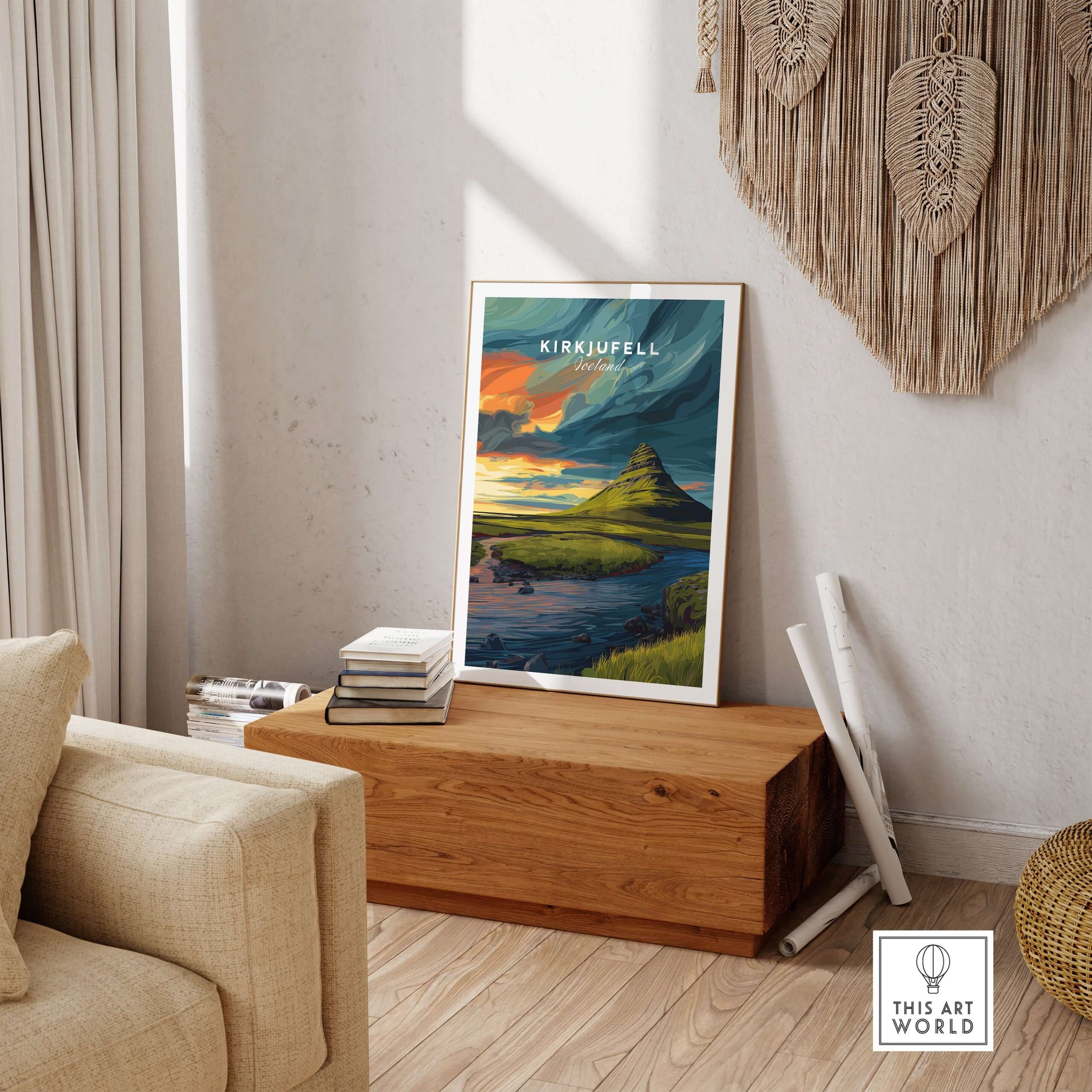 Kirkjufell Poster Snæfellsnes Print | Icelandic Landscape Decor showcased in a cozy living room setting.