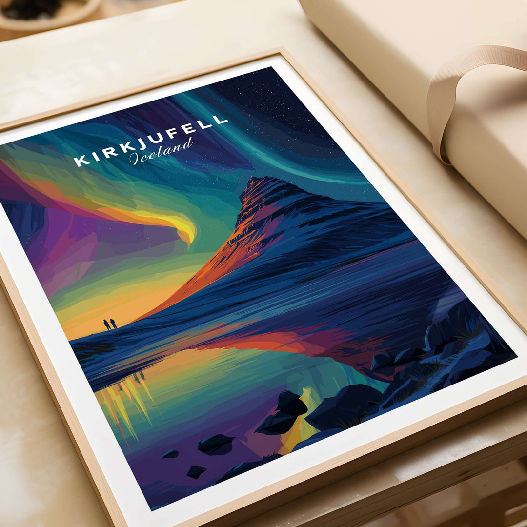 Kirkjufell Poster Snæfellsnes Print | Icelandic Travel Wall Art featuring a colorful landscape with Northern Lights.