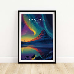 Kirkjufell Poster Snæfellsnes Print | Icelandic Travel Wall Art of Kirkjufell mountain with colorful auroras.