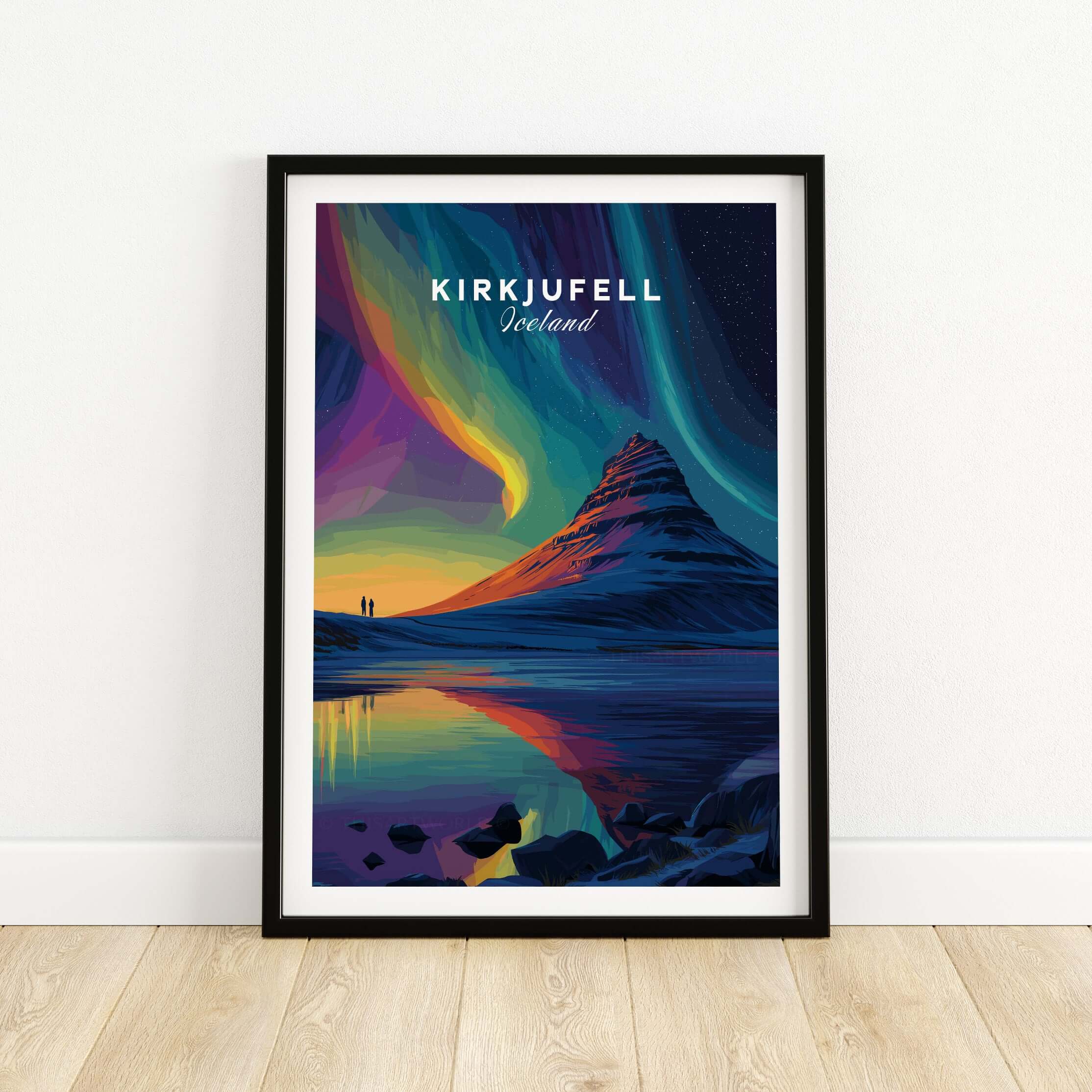 Kirkjufell Poster Snæfellsnes Print | Icelandic Travel Wall Art of Kirkjufell mountain with colorful auroras.