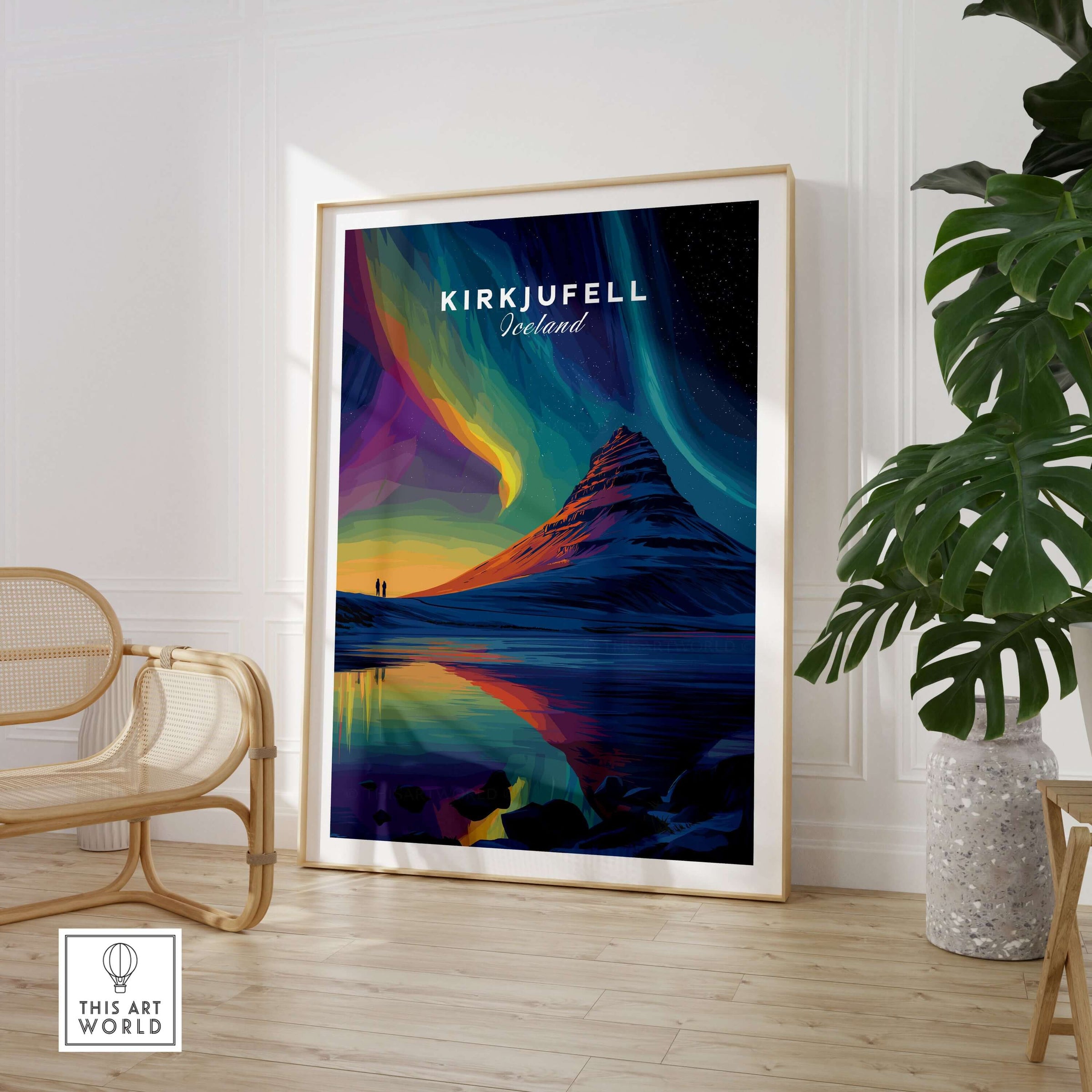Kirkjufell Poster Snæfellsnes Print | Icelandic Travel Wall Art displayed in a stylish interior with plants and seating.