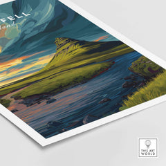 Kirkjufell Poster Snæfellsnes Print | Icelandic Landscape Decor featuring a vibrant mountain and river scene.