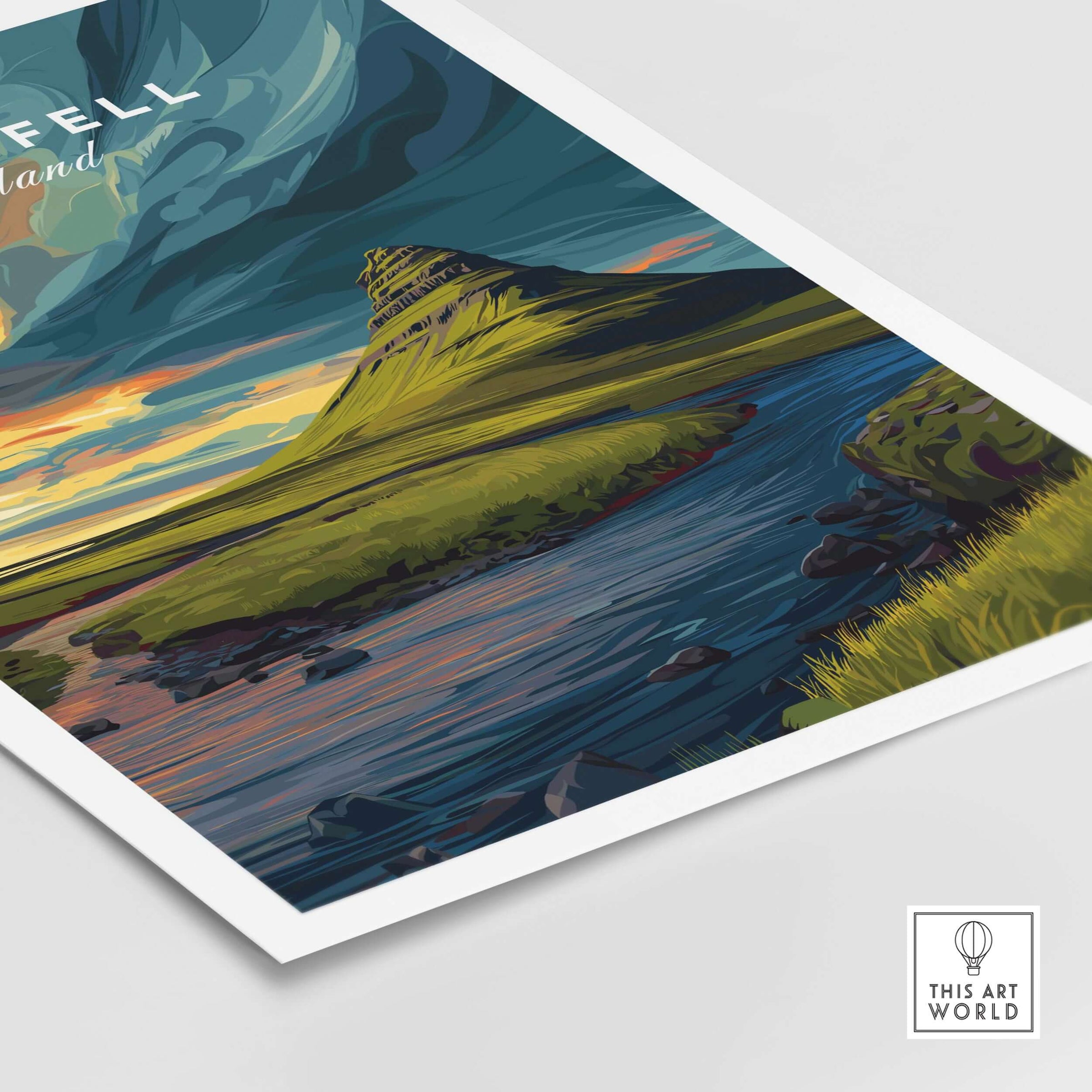 Kirkjufell Poster Snæfellsnes Print | Icelandic Landscape Decor featuring a vibrant mountain and river scene.