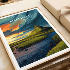 Kirkjufell Poster Snæfellsnes Print | Icelandic Landscape Decor featuring a vibrant illustration of Kirkjufell mountain in Iceland.