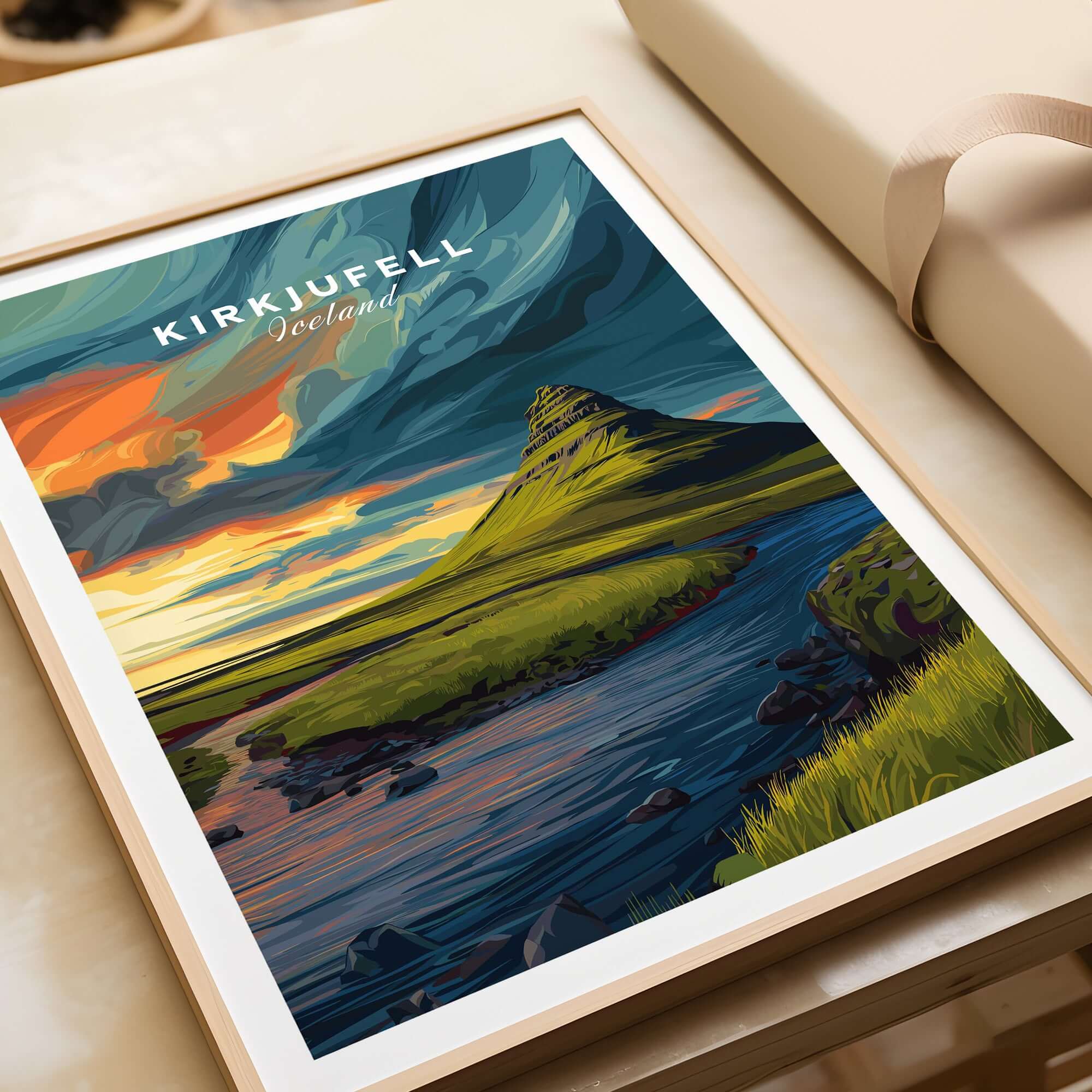 Kirkjufell Poster Snæfellsnes Print | Icelandic Landscape Decor featuring a vibrant illustration of Kirkjufell mountain in Iceland.