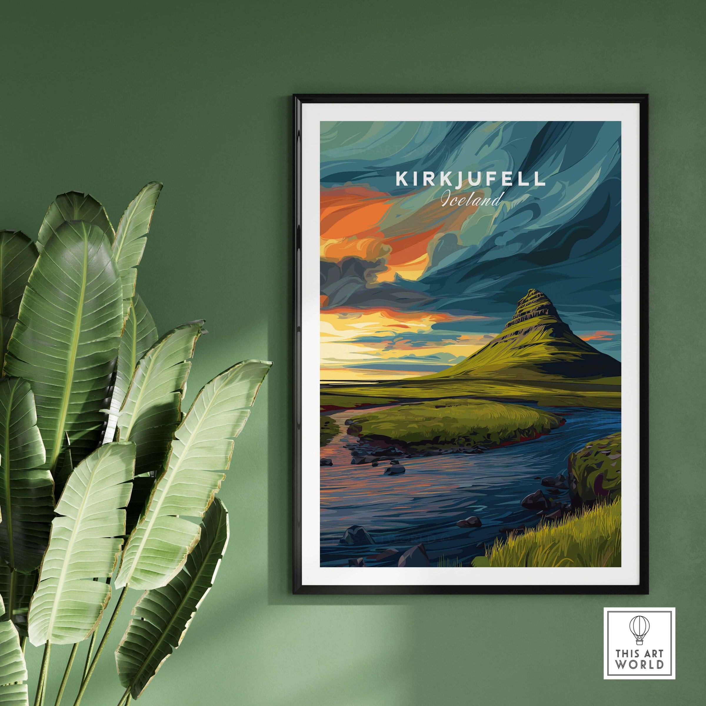 Kirkjufell Poster Snæfellsnes Print | Icelandic Landscape Decor displayed on a green wall with plants.