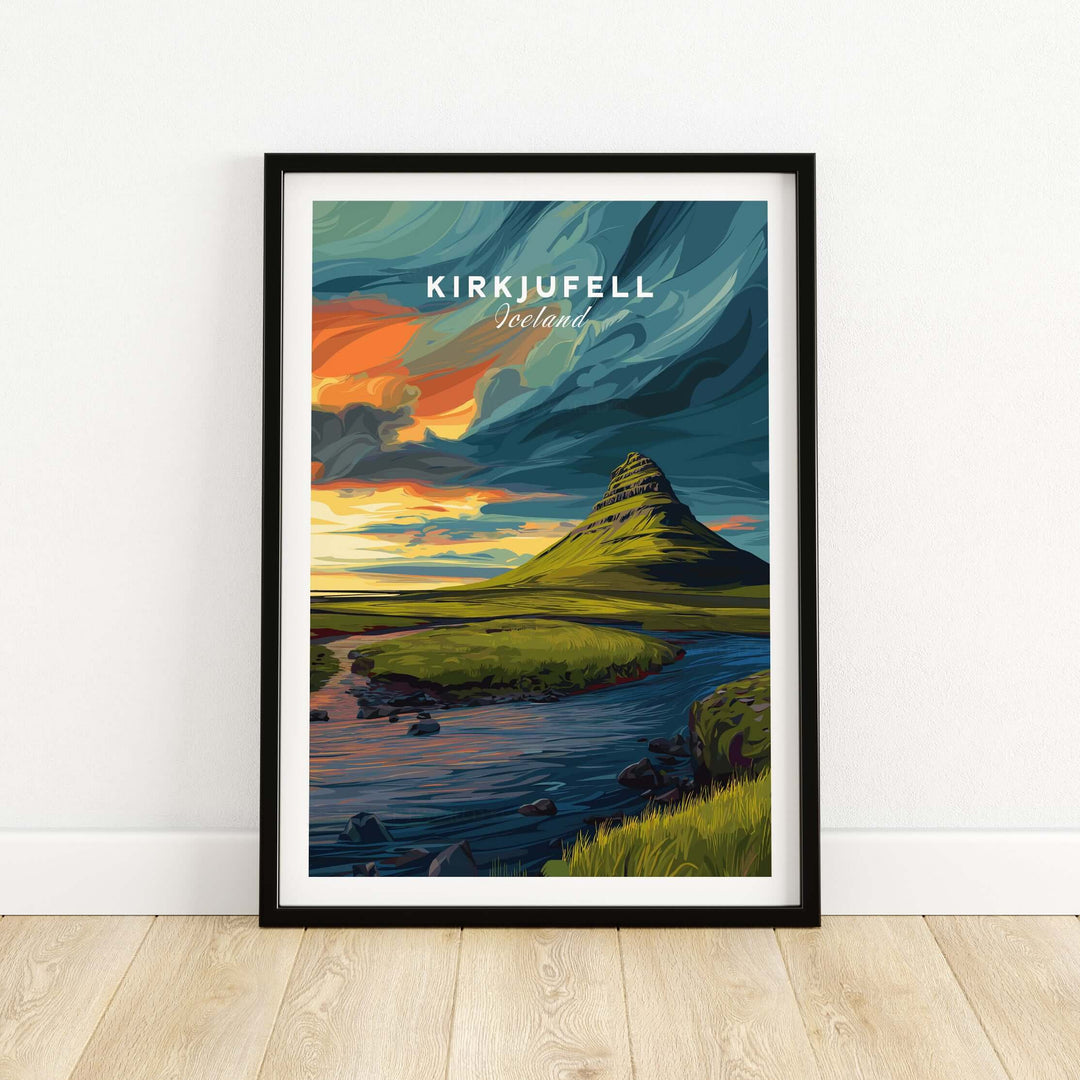 Kirkjufell Poster Snæfellsnes Print | Icelandic Landscape Decor featuring Kirkjufell mountain and vibrant sunset.