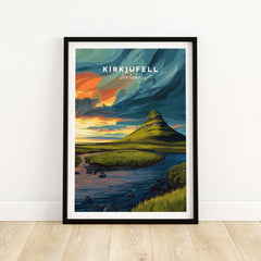 Kirkjufell Poster Snæfellsnes Print | Icelandic Landscape Decor showcasing a vibrant illustration of Kirkjufell mountain.