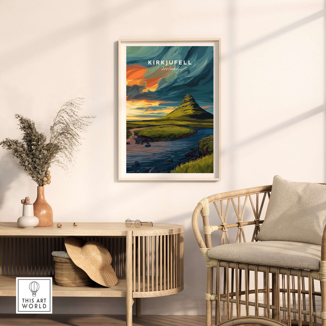 Kirkjufell Poster Snæfellsnes Print | Icelandic Landscape Decor hanging in modern living room