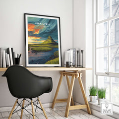 Kirkjufell Poster Snæfellsnes Print | Icelandic Landscape Decor displayed in a modern interior setting.