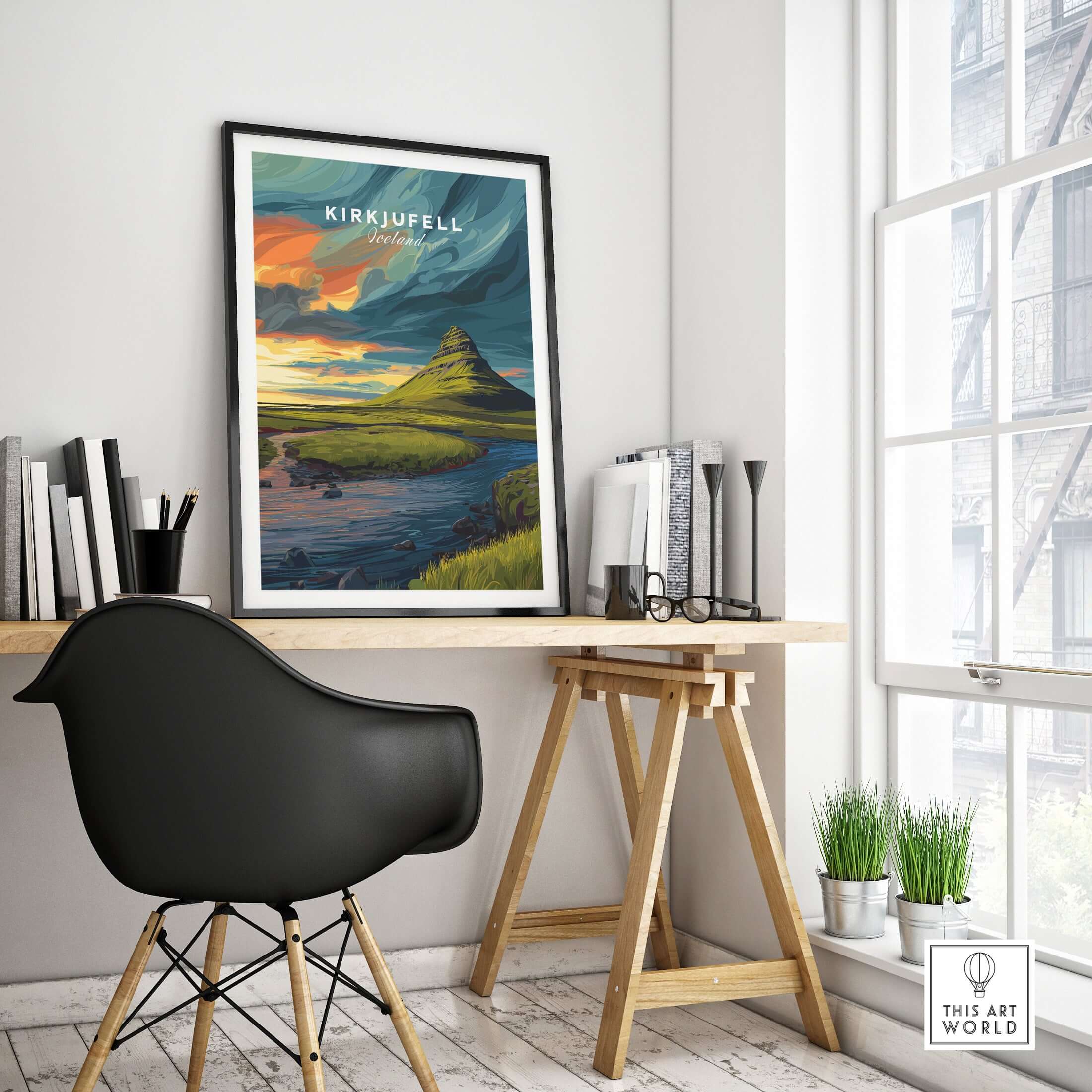 Kirkjufell Poster Snæfellsnes Print | Icelandic Landscape Decor displayed in a modern interior setting.