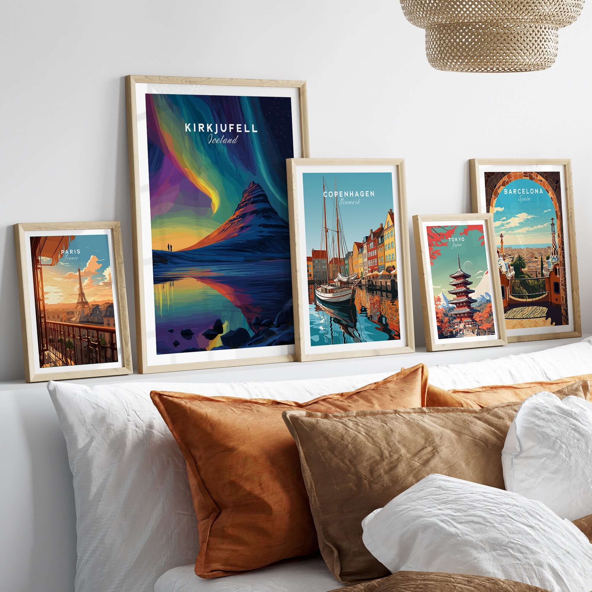 Kirkjufell Poster Snæfellsnes Print | Icelandic Travel Wall Art displayed among travel posters in a stylish home setting.