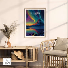 Kirkjufell Poster Snæfellsnes Print | Icelandic Travel Wall Art in a cozy living space with a chair and decor.
