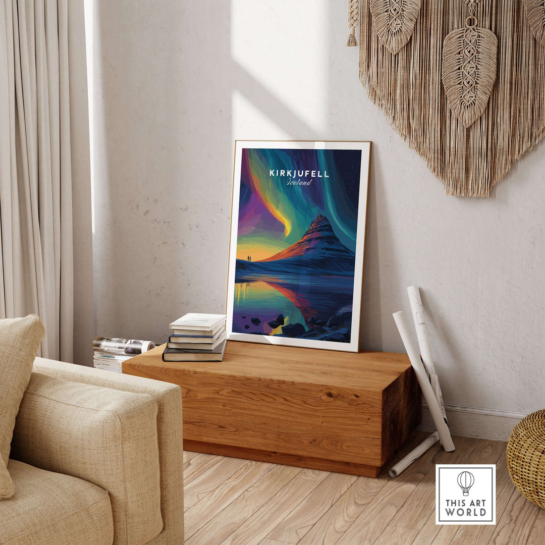 Kirkjufell Poster Snæfellsnes Print | Icelandic Travel Wall Art displayed in a cozy living room setting.