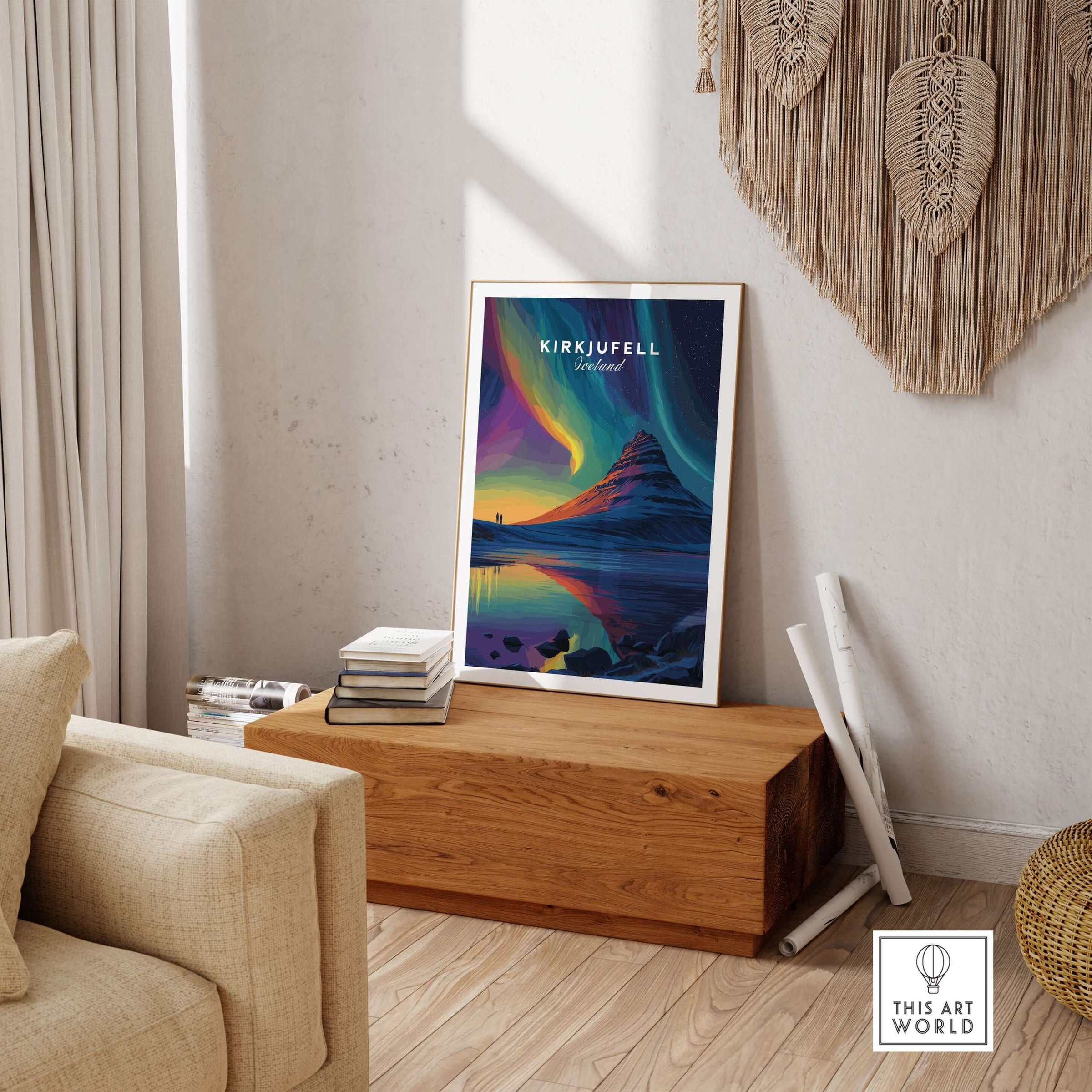 Kirkjufell Poster Snæfellsnes Print | Icelandic Travel Wall Art displayed in a cozy living space.