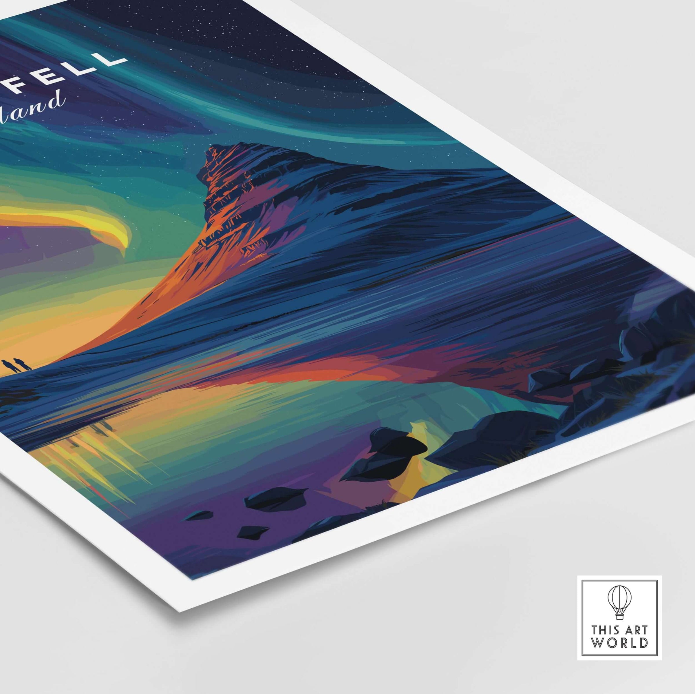 Kirkjufell Poster Snæfellsnes Print | Icelandic Travel Wall Art featuring vibrant mountain landscape.