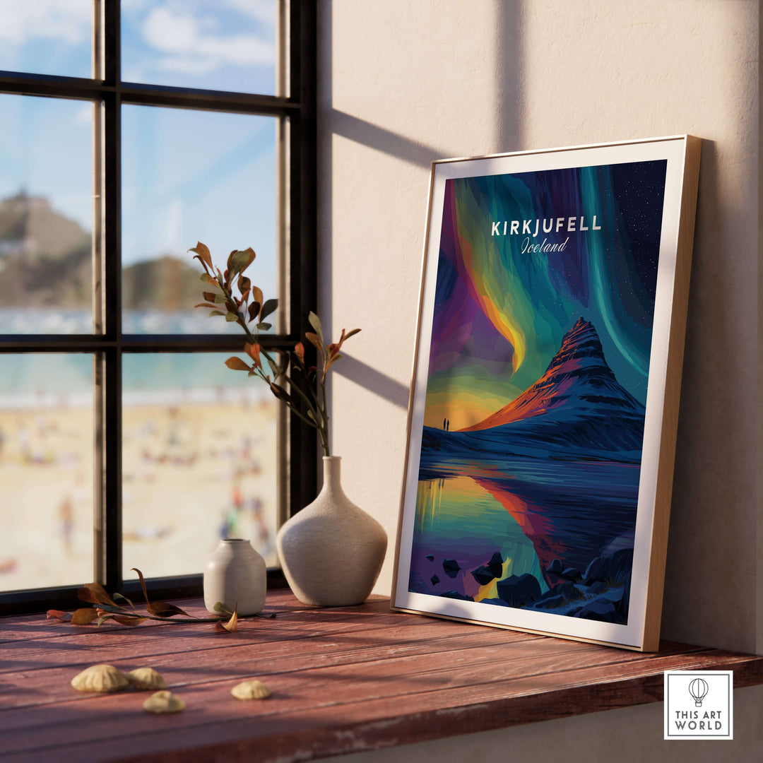 Kirkjufell Poster Snæfellsnes Print | Icelandic Travel Wall Art displayed on a sunny windowsill with vibrant colors.