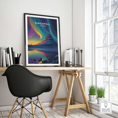 Kirkjufell Poster Snæfellsnes Print | Icelandic Travel Wall Art displayed in a modern home office setting.