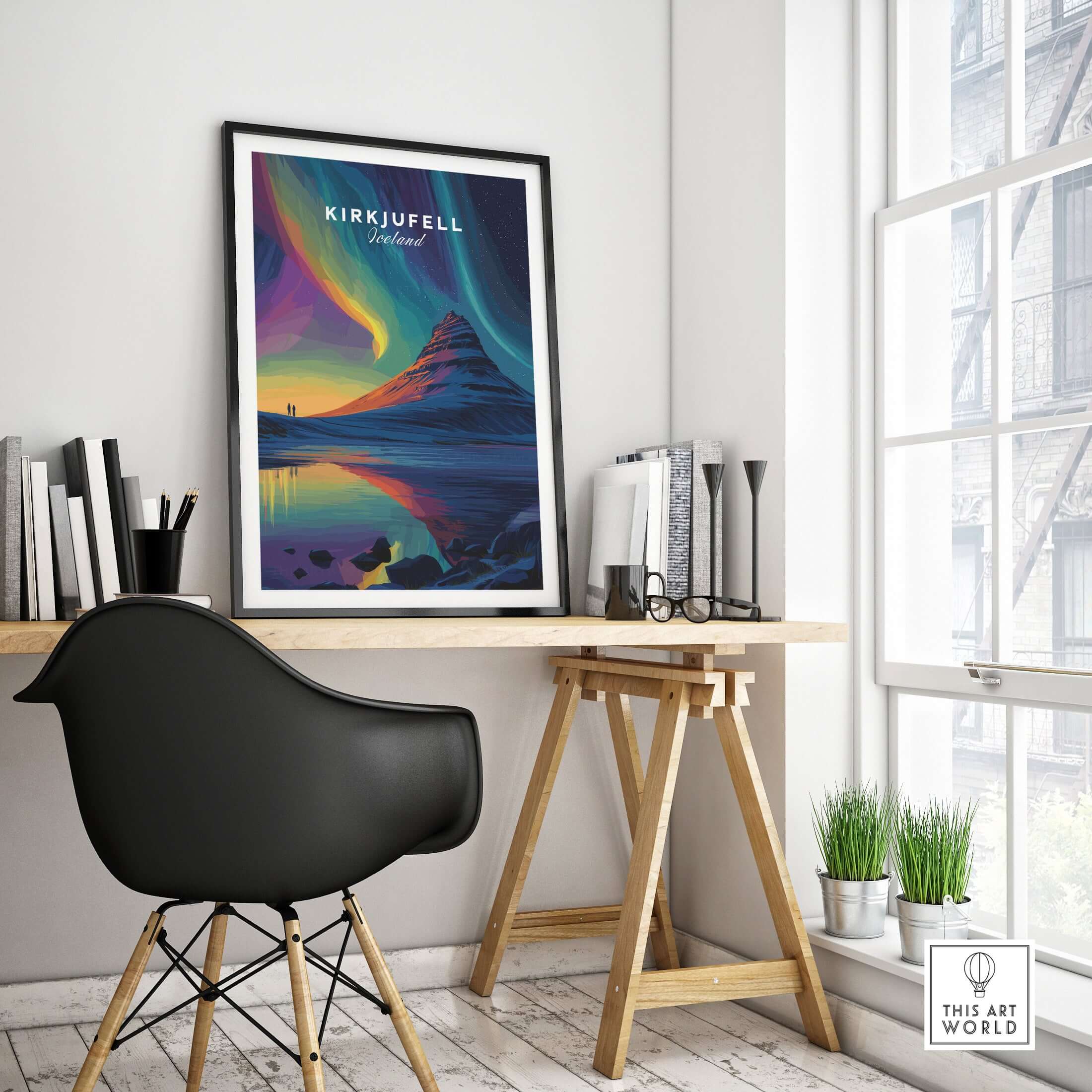 Kirkjufell Poster Snæfellsnes Print | Icelandic Travel Wall Art displayed in a modern home office setting.