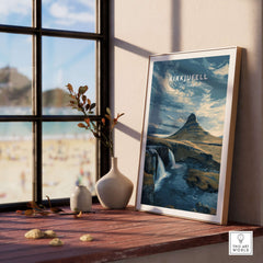 Kirkjufell Print Snæfellsnes Peninsula Poster | Icelandic Nature Wall Art framed on a windowsill with a view.