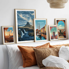 Kirkjufell Print Snæfellsnes Peninsula Poster | Icelandic Nature Wall Art displayed on a stylish living room wall.